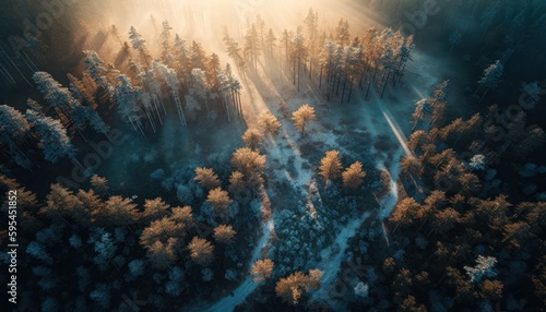 A breathtaking aerial view of the Forest Morning captured during the serene hours, with a touch of fantasy, making it the perfect background wallpaper for your devices Generative AI