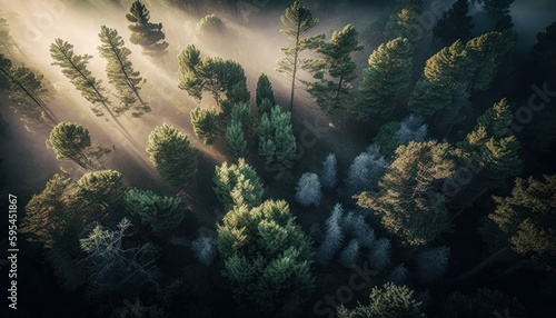 Fantasy meets serenity in this beautiful aerial Forest Morning view featuring the tranquil hours  perfect as a background wallpaper for your devices Generative AI