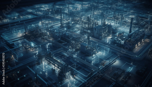 Glowing blue cityscape, built on industry and technology generated by AI
