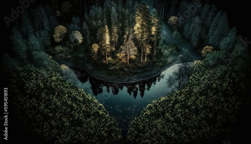 Fantasy meets serenity in this beautiful aerial Forest Nighttime view featuring the tranquil hours  perfect as a background wallpaper for your devices Generative AI