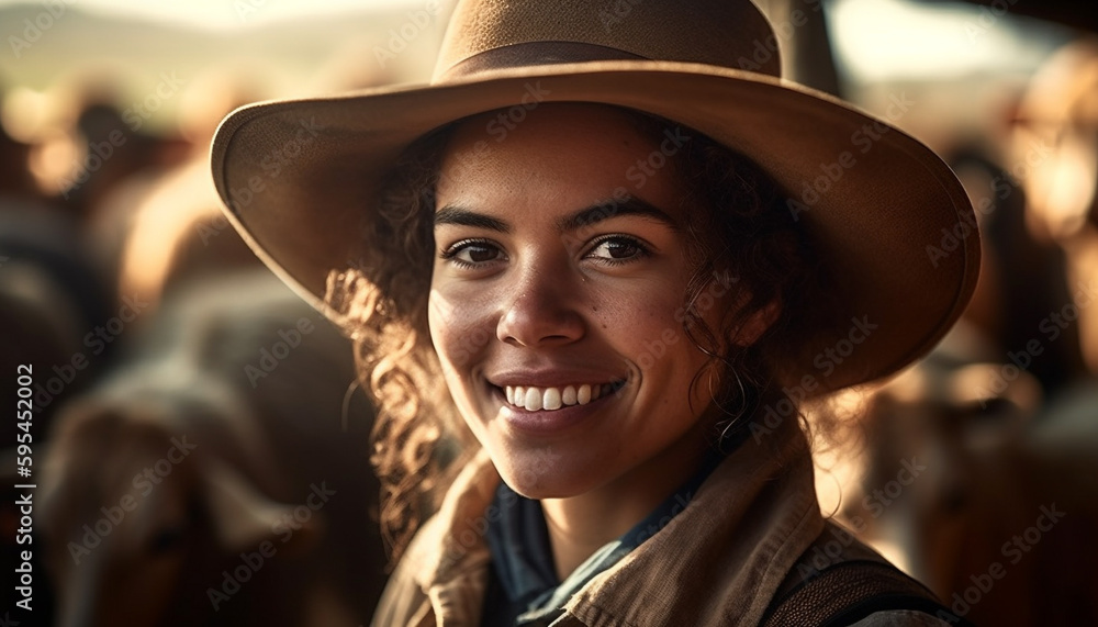 Young woman smiling, enjoying carefree summer vacation generated by AI Young woman smiling, enjoying carefree summer vacation generated by AI
