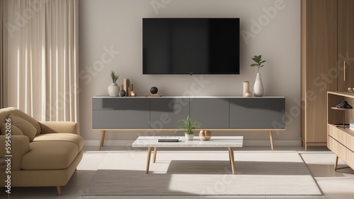 A Striking Modern Living Room With A Flat Screen Tv And A Coffee Table AI Generative
