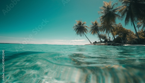 Tropical palm trees sway over turquoise waters generated by AI