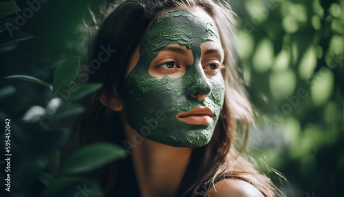 Young woman applying facial mask for pampering generated by AI