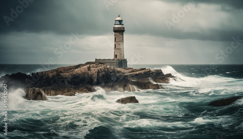 Rough waves break against Asturias' rocky coastline generated by AI