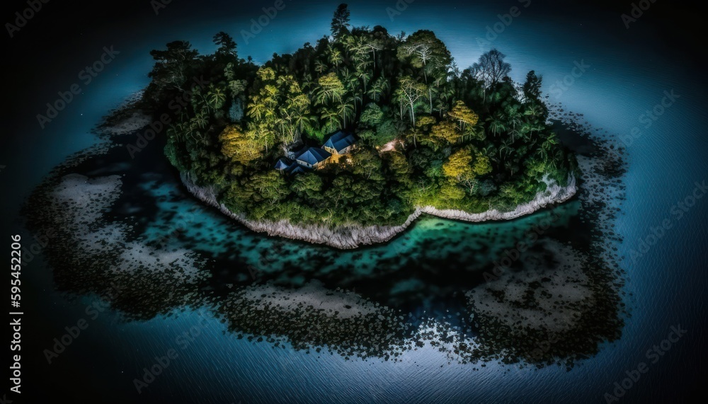 Fantasy meets serenity in this beautiful aerial Island Midnight view featuring the tranquil hours, perfect as a background wallpaper for your devices Generative AI