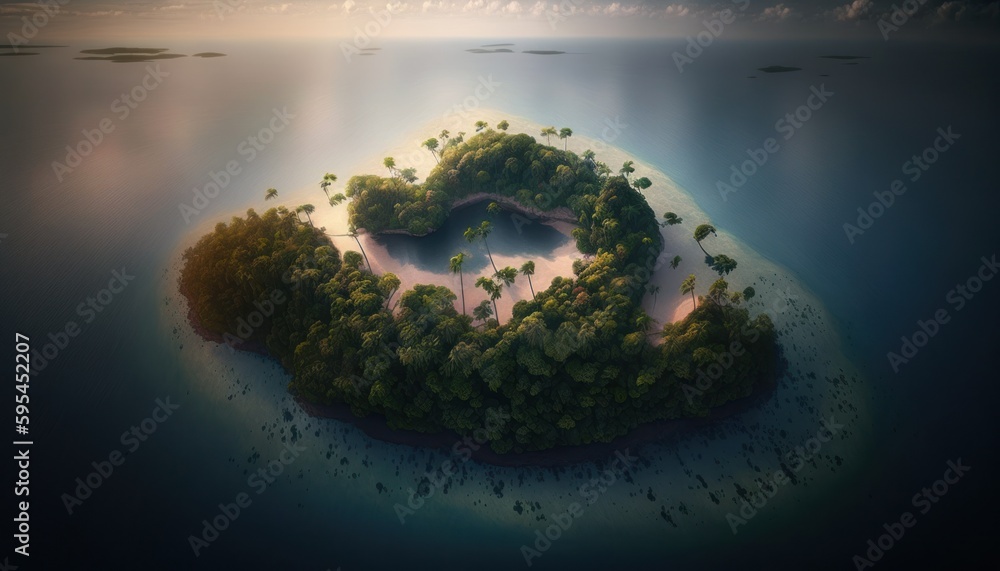 A breathtaking aerial view of the Island Morning captured during the serene hours, with a touch of fantasy, making it the perfect background wallpaper for your devices Generative AI