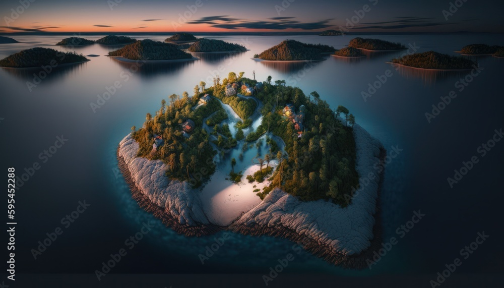 Fototapeta premium Serenity: A breathtaking aerial view of the tranquil Island Twilight during the serene hours, with a touch of fantasy, creating the perfect background wallpaper for your devices Generative AI