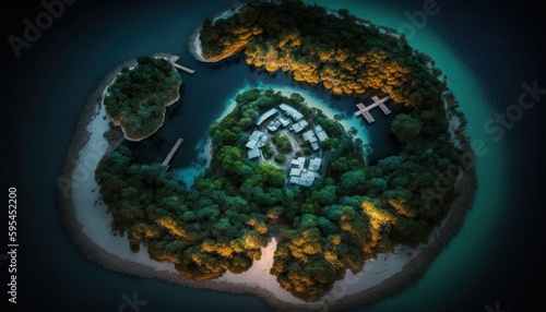 Serenity: A breathtaking aerial view of the tranquil Island Midnight during the serene hours, with a touch of fantasy, creating the perfect background wallpaper for your devices Generative AI