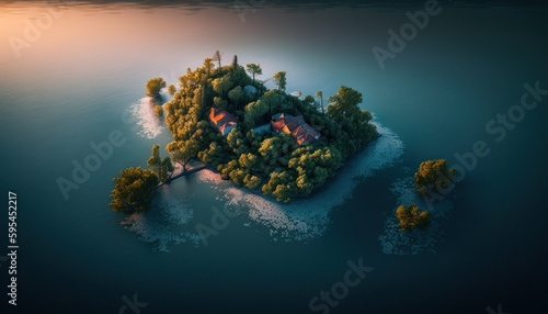 Majestic Island Morning : A Stunning Aerial View with a Touch of Fantasy, Perfect as a Background Wallpaper for Your Devices. Breathtaking Serenity Captured in Every Detail Generative AI