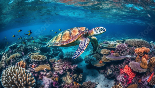 Swimming with sea turtles in tropical reef generated by AI