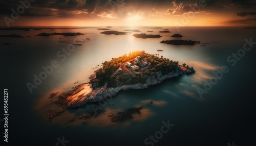 Fantasy meets serenity in this beautiful aerial Island Sunset view featuring the tranquil hours, perfect as a background wallpaper for your devices Generative AI © Get Stock