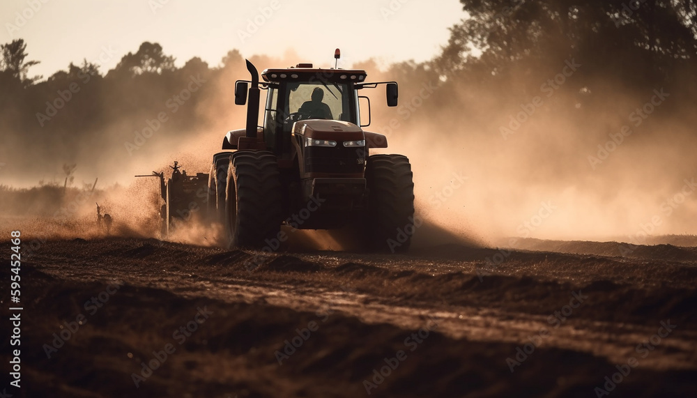 Sunset silhouette driving combine harvester on meadow generated by AI Sunset silhouette driving combine harvester on meadow generated by AI