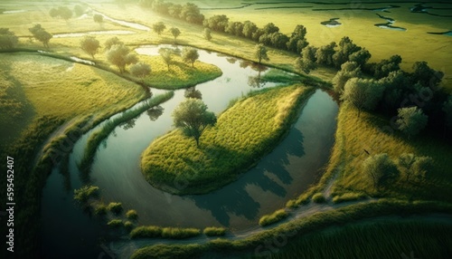 Serenity  A breathtaking aerial view of the tranquil Meadow Morning during the serene hours  with a touch of fantasy  creating the perfect background wallpaper for your devices Generative AI