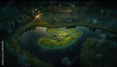 A breathtaking aerial view of the Meadow Nighttime captured during the serene hours, with a touch of fantasy, making it the perfect background wallpaper for your devices Generative AI