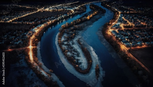 Majestic  River Midnight : A Stunning Aerial View with a Touch of Fantasy, Perfect as a Background Wallpaper for Your Devices. Breathtaking Serenity Captured in Every Detail Generative AI