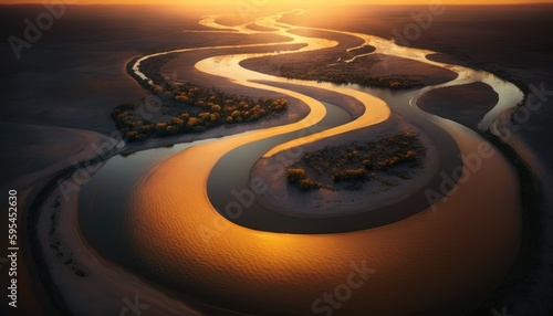 Fantasy meets serenity in this beautiful aerial River Sunrise view featuring the tranquil hours, perfect as a background wallpaper for your devices Generative AI
