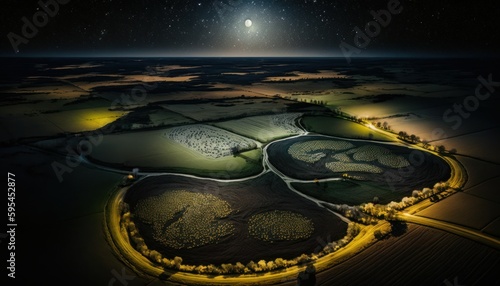 Majestic Prairie Nighttime : A Stunning Aerial View with a Touch of Fantasy, Perfect as a Background Wallpaper for Your Devices. Breathtaking Serenity Captured in Every Detail Generative AI