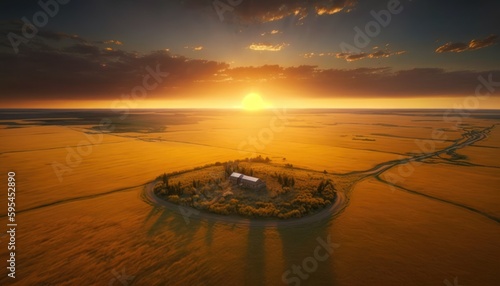 A breathtaking aerial view of the Prairie Sunset captured during the serene hours, with a touch of fantasy, making it the perfect background wallpaper for your devices Generative AI