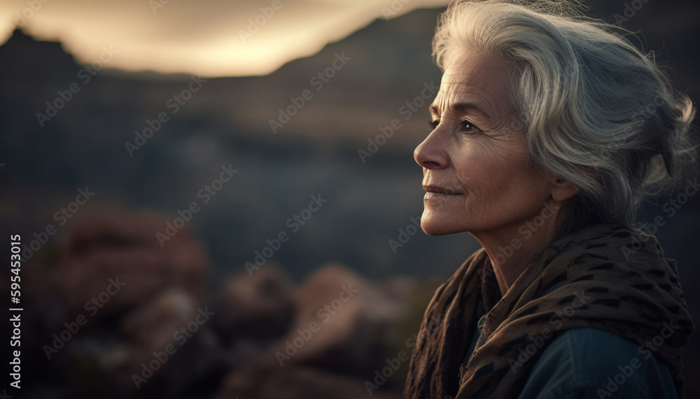 Senior woman enjoys tranquil sunset in nature generated by AI Senior woman enjoys tranquil sunset in nature generated by AI