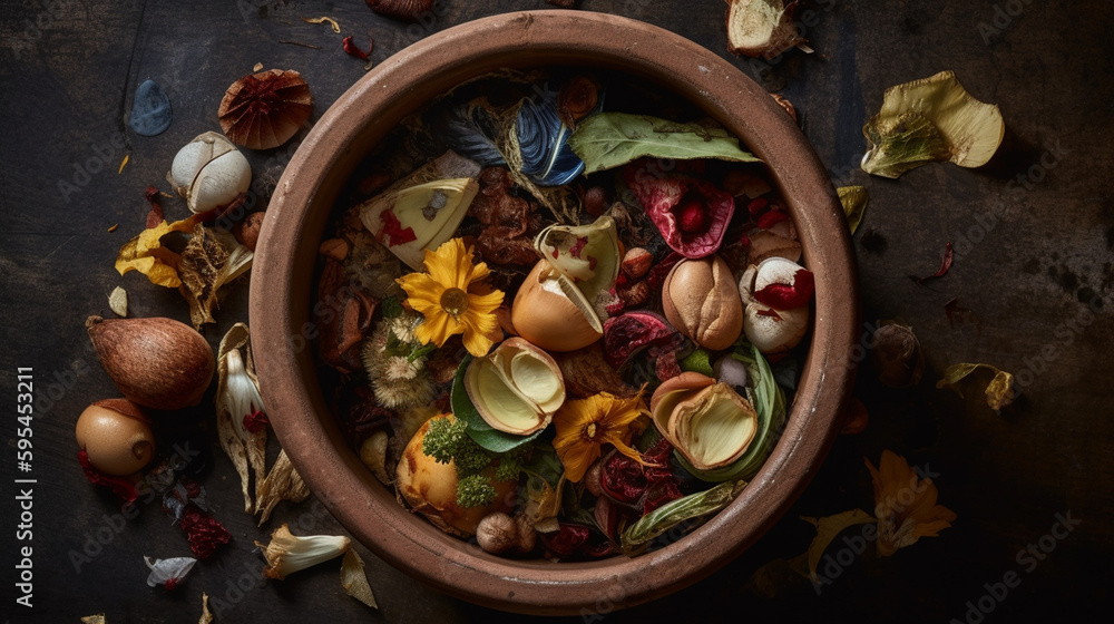 Kitchen Food Scraps in a Beautiful Bowl for Composting - Generative AI
