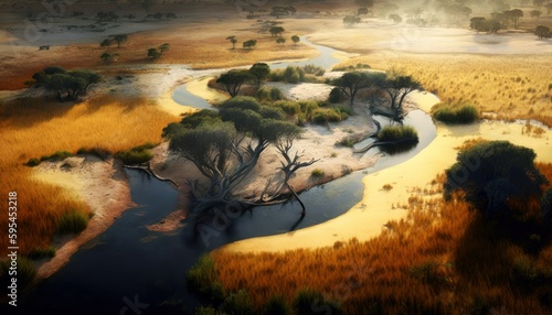 A breathtaking aerial view of the Savanna Midday captured during the serene hours, with a touch of fantasy, making it the perfect background wallpaper for your devices Generative AI