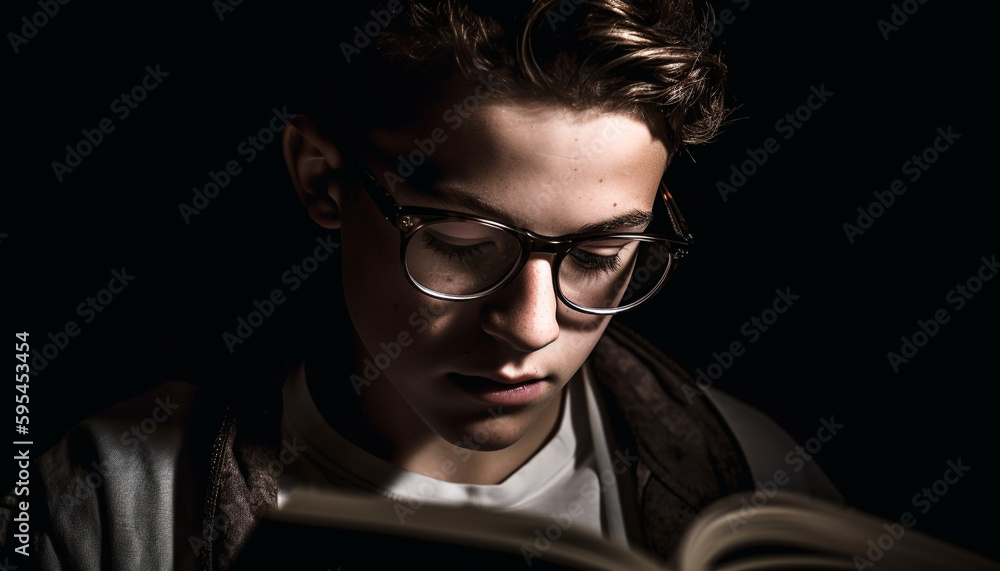 Obraz premium One serious man reading, looking at camera generated by AI