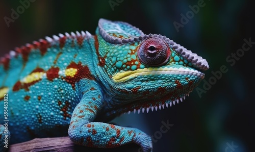 Close-up view of chameleon's rainbow-colored scales Creating using generative AI tools