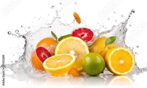 Vibrant fresh fruits with splashes of water on white Creating using generative AI tools