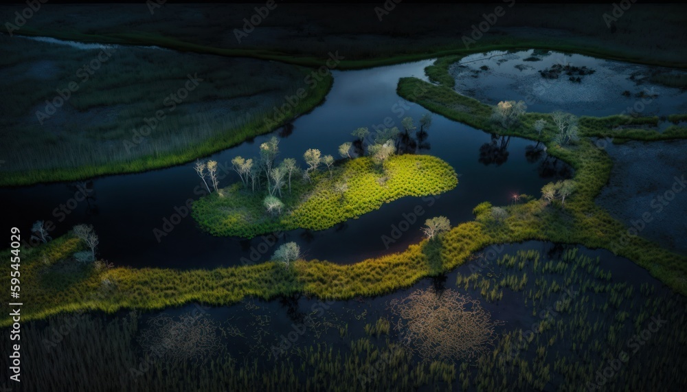 Serenity: A breathtaking aerial view of the tranquil Wetland Nighttime during the serene hours, with a touch of fantasy, creating the perfect background wallpaper for your devices Generative AI