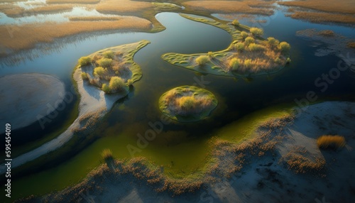 Majestic Wetland Morning : A Stunning Aerial View with a Touch of Fantasy, Perfect as a Background Wallpaper for Your Devices. Breathtaking Serenity Captured in Every Detail Generative AI