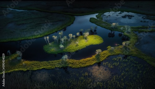 Serenity: A breathtaking aerial view of the tranquil Wetland Nighttime during the serene hours, with a touch of fantasy, creating the perfect background wallpaper for your devices Generative AI