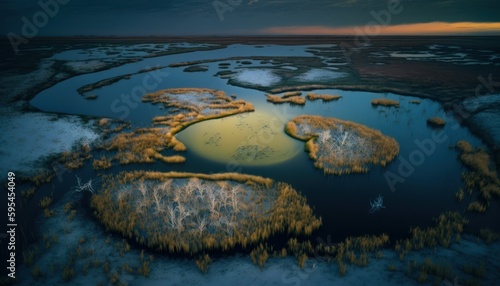 Majestic Wetland Twilight : A Stunning Aerial View with a Touch of Fantasy, Perfect as a Background Wallpaper for Your Devices. Breathtaking Serenity Captured in Every Detail Generative AI