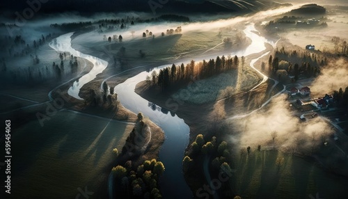 A breathtaking aerial view of the Valley Morning captured during the serene hours, with a touch of fantasy, making it the perfect background wallpaper for your devices Generative AI