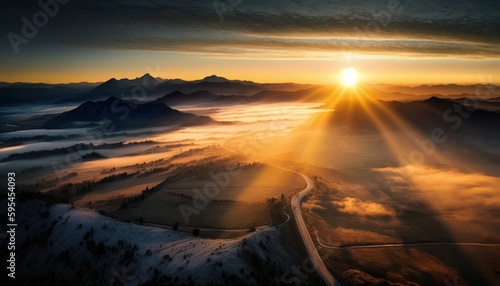 Fantasy meets serenity in this beautiful aerial Valley Sunrise view featuring the tranquil hours, perfect as a background wallpaper for your devices Generative AI