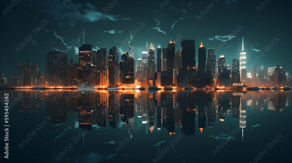 水に映る夜の都市 | Generative AI