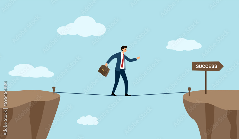 Businessman walk over cliff gap mountain for success in flat design. Business problem. Businessman walk over cliff gap mountain for success in flat design. Business problem.