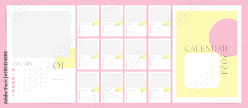 Calendar template for 2024 year. Week starts on Sunday. Wall planner with photo image. Personal or business calendar. 2024 calendar in minimal business style for. English vector calendar with cover.