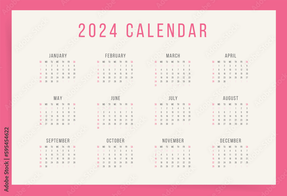 One Page Calendar 2024 Week Starts Sunday Minimal Design Vector Template.
