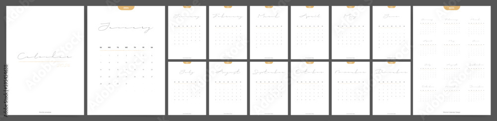 Minimal Aesthetic Calendar Template for 2024 year. Annual Monthly Simple  and Minimal Vector Calendar. Stock Vector | Adobe Stock