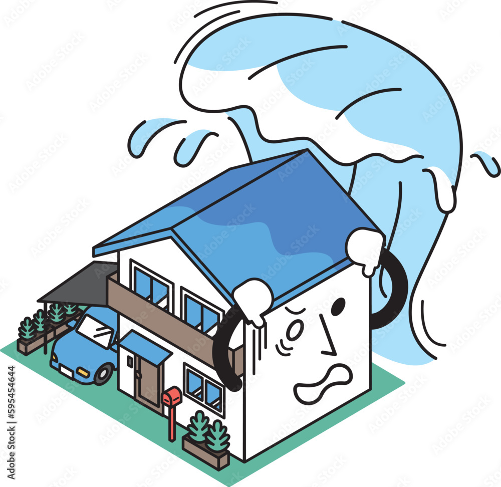 Fototapeta premium 津波の被害にあった一軒家のアイソメイラスト