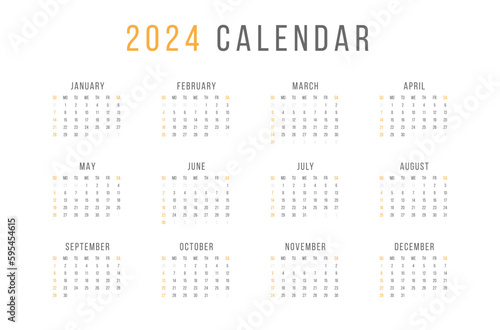 One Page Calendar 2024. Week Starts on Sunday.