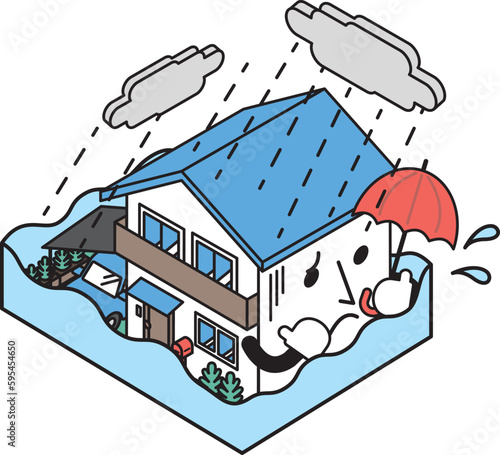 大雨の被害にあった一軒家のアイソメイラスト