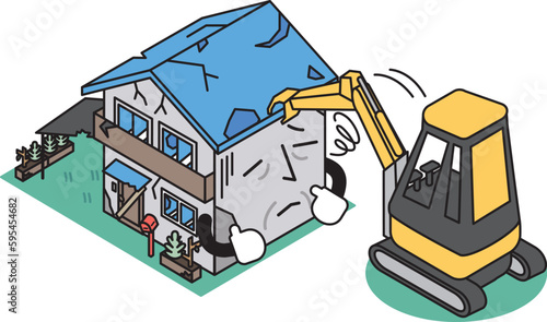 解体工事をする古い一軒家のアイソメイラスト