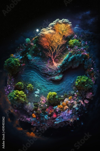  2 3  Fantasy meets colorful serenity in this beautiful aerial colorful  otherworldly planet with unique florand faunNighttime view featuring the tranquil hours Generative AI