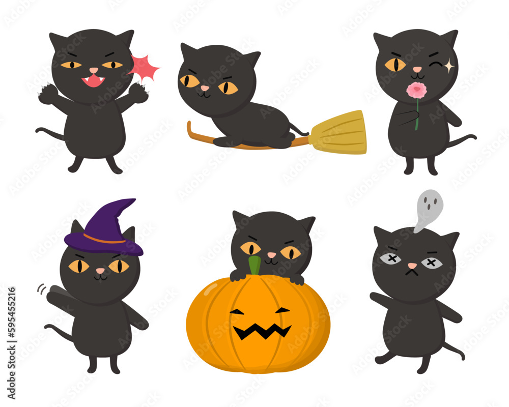 Black cat Animal characters of various professions and posing such as fight, broom ride, sniff, witch, pumpkin, ghost, die. Black cat Animal characters of various professions and posing such as fight, broom ride, sniff, witch, pumpkin, ghost, die.