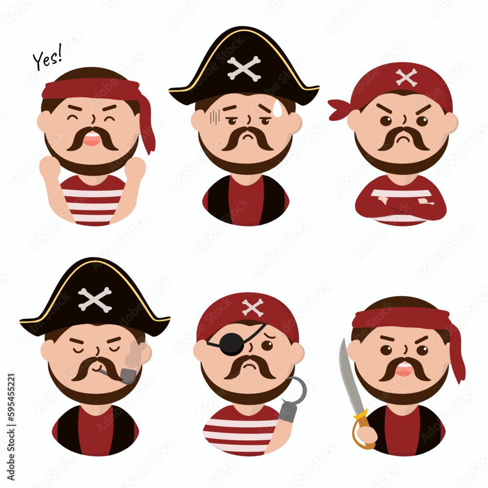 Human pirate cartoon characters in various posing and emotional such as sailor, chief, glad, sick, confident, hook, sword. Human pirate cartoon characters in various posing and emotional such as sailor, chief, glad, sick, confident, hook, sword.