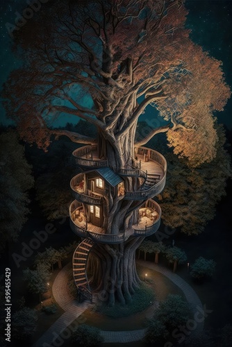 (2:3) breathtaking aerial view of the colorful giant tree with spiral staircase leading up to magical treehouse Evening captured during the serene hours, with a touch of fantasy Generative AI