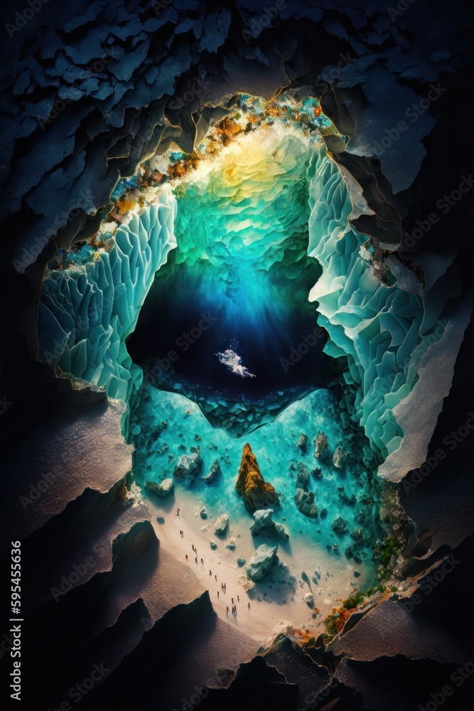 (2:3) Fantasy meets colorful serenity in this beautiful aerial hidden cave with glowing crystals and shimmering gems Midday view featuring the tranquil hours Generative AI