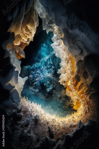 (2:3) breathtaking aerial view of the colorful hidden cave with glowing crystals and shimmering gems Midnight captured during the serene hours, with a touch of fantasy Generative AI © Get Stock